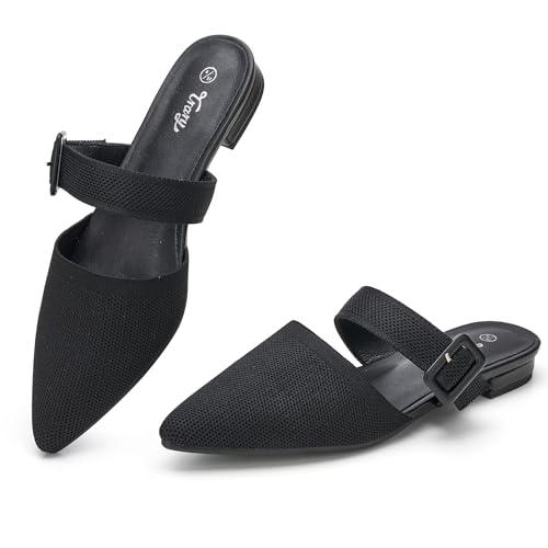 Trary Mules for Women Closed Pointed Toe Knit Womens Flats Adjustable Backless Strap Slip On Dressy Casual Slides Spring Shoes Comfortable Breathable Fashion Summer Work Business Travel Loafers Black