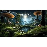 CaterRina Fantasy Mushrooms Landscape Aquarium Background Tranquil Stream Cloudy Sky Terrarium Background Lush Green Tropical Plants Trees Fish Tank Backdrop Decoration Tank Background Poster 30x12in