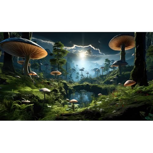 CaterRina Fantasy Mushrooms Landscape Aquarium Background Tranquil Stream Cloudy Sky Terrarium Background Lush Green Tropical Plants Trees Fish Tank Backdrop Decoration Tank Background Poster 30x12in