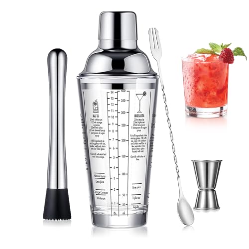 Stainless Steel Glass Boston Shaker Cocktail Set Kit with 22oz Leak-Proof Lid, Beginner's Bartender Kit Includes Jigger