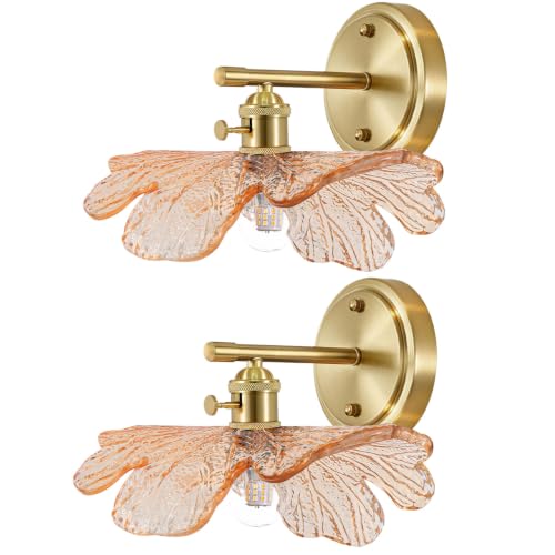 Image of Unique Wall Light Set of 2 with Amber Glass Petals Over Mirror | Vintage Wall Sconce Set of 2 Bathroom Vanity Lights, flower Glass Shade &Gold Brass E26 Base, Easy to install, For Hallway