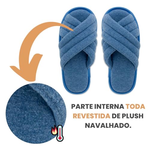 Pantufa Feminina e Masculina Cabedal em X Sola Antiderrapante e Toque Macio (39/40, Azul)