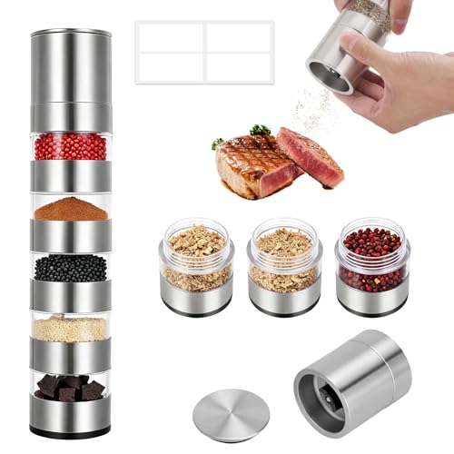 5 in 1 gewürzstreuer camping nachfüllbare mini salzstreuer edelstahl set mit sichtfenster & etiketten - küchen gadgets gewürzbehälter für zuhause outdoor picknick
