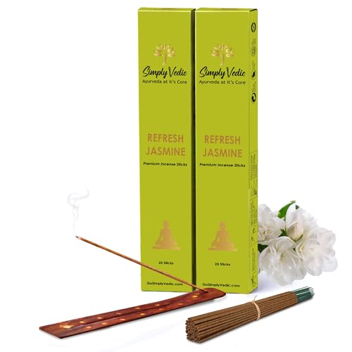 Image of Simply Vedic Luxe Jasmine Incense Sticks (50 Sticks) Hand Rolled Masala Agarbatti with Holder | Natural Long Lasting Fragrance for Puja Home Fragrance Meditation Floral Aroma Low Smoke
