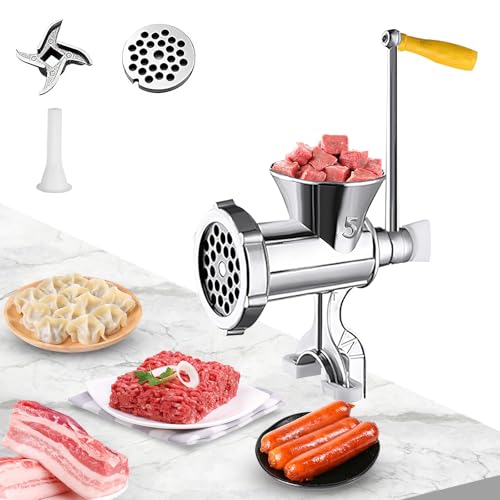 Hachoir Manuel, Hachoir à Viande Manuel en Acier Inoxydable et Machine à Saucisses avec 1 Tête de Couteau, Assiette à Viande et Tube à Lavement, Hachoir à Viande pour la Viande et les Légumes (Petit)