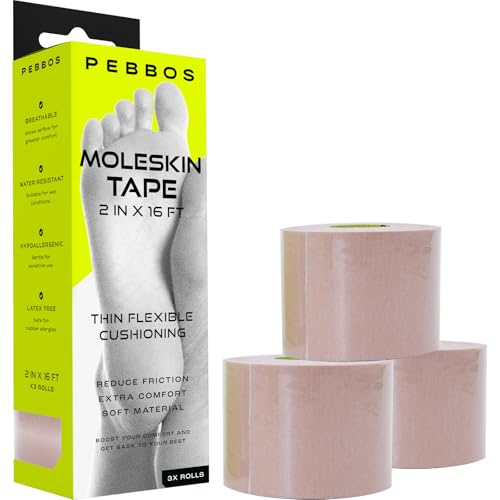 Pebbos Moleskin Tape (3 Rolls) – 2in x 16ft – Anti-Friction Cushioning Tape | Water-Resistant & Hypoallergenic | Thin Moleskin Athletic Tape for Running, Hiking, Walking