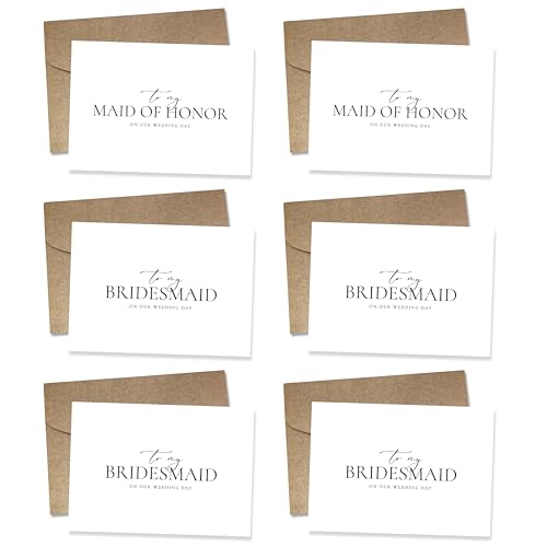 WeddingGiftsWedding 6 Pieces Bridesmaid Cards with Envelopes, 4 Pieces To My Bridesmaid On Our Wedding Day Cards and 2 Pieces To My Maid Of Honor On Our Wedding Day Cards. （Bridesmaid - 6cards A）