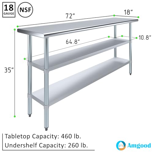 Image of AmGood Stainless Steel Work Table with 2 Shelves | NSF | Metal Utility Table (72 inch Long x 18 inch Deep)