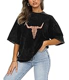 Rodeo Cow Skull Shirts for Women Vintage Western Bull Skull Graphic T-Shirt Retro Cowgirl Oversized Casual Tee Tops(Black, XL)