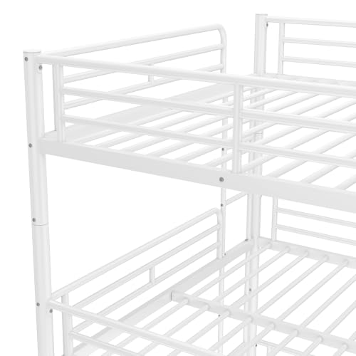 Image of Queen Over Queen Over Queen Bunk Bed with Safety Guardrails, Modern Metal Triple Bed Frame for Kids, No Box Spring Required, White