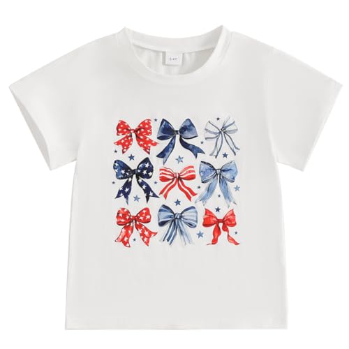 Kids Toddler Little Girls 4th of July T-Shirt Coquette Red White & Blue Patriotic Bows Retro American Flag Top2