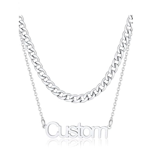 FindChic Custom Name Necklace Personalized Stainless Steel Layered Necklace for Women Girls Gold Plated/Black Name Plate Jewelry Gift for Gf Mom Daughter, with Gift Box 01. cuban chain (stai