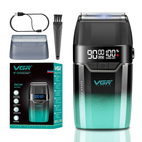 VGR 308 Afeitadora Electrica Hombre InaláMbrica, Shaver Barberia con Doble Capa de LáMina Flotante de Titanio y Motor de 9000RPM, Maquina de Afeitar Hombre Compacta con Pantalla LED, Carga USB, Verde