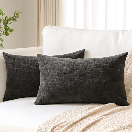 JOTOM Set of 2 Cushion Covers 30x50 cm Soft Chenille Dark Grey Decorative Throw Pillow Covers 12x20 Inch Lumbar Cushion Case Solid Pillowcases for Couch Sofa Living Room Bed Home Decor (Dark Grey) - Image 4