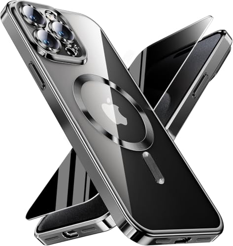 Image of Magnetic for iPhone 15 Pro Max Case with Privacy Screen Protector & Full Camera Cover,[Non-Yellowing] Plating Glossy Soft Shockproof Clear Phone Case with MagSafe Women Girls for 15 ProMax,Black