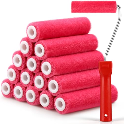 Leumoi 16 Pcs 4 Inch Mohair Paint Roller Covers 3/16" Mini Shedding Resistant Pink Small Painting Rollers with Frame Kit for Painting Cabinets, Door, Walls, Furniture, Trim, All Paints and Stains