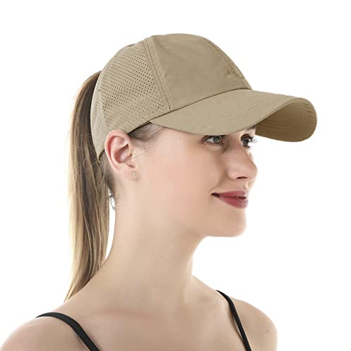 Muryobao Womens Criss Cross Ponytail Baseball Cap Adjustable High Messy Bun Ponycap Trucker Hats Quick Drying Mesh Dad Hat For Outdoor Sports Travel Camel #TOP4