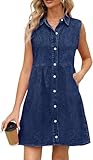 KDF Denim Dress for Women with Pockets Sleeveless Babydoll Denim Shirt Dresses for Women 2024 Navy Blue Size Medium