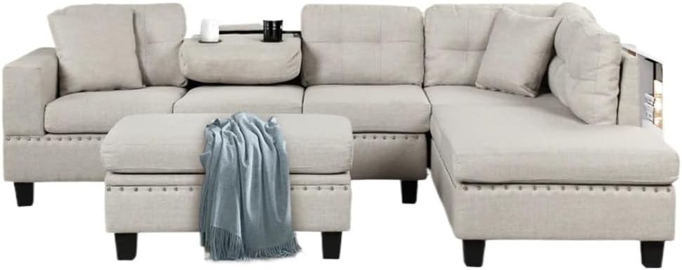 Sectional Sofa with Storage Ottoman, L-Shape Couch Cup Holder, Reversible Chaise for Living Room