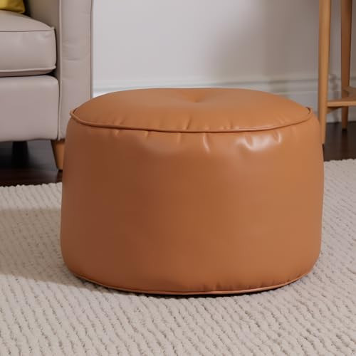 Image of Premium Faux Leather Footstool /Footrest /Pouffe | EPS Beans Filled | Ready to Use | Soft Cushioned Ottoman | Durable Leatherette Finish | Living Room, Bedroom & Office Color- (Tan)