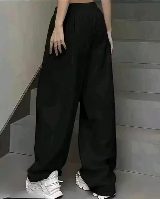 Image of Women's Baggy Jogger Pants | Oversized Loose Fit Sweatpants for Girls | High Waist Drawstring Track Pants | Printed Casual Lounge Wear | Black