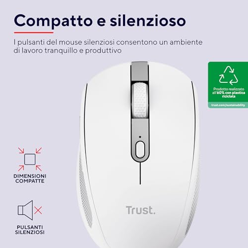 Trust Ozaa Mouse Wireless Bluetooth + 2.4Ghz, Mouse Senza Fili Silenzioso Compatto, 60% Plastica Riciclata, Mouse Bluetooth Ricaricabile Laptop Pc Computer Windows Android Mac - Bianco - 2
