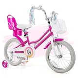 HONEY JOY Kids Bike, 12 14 16 18 Inch Girls Bike w/Training Wheels, Doll Seat, Streamers, Handbrake & Coaster Brake, Fully Enclosed Chain, Princess Style Children Bike (Pink,16 Inch)