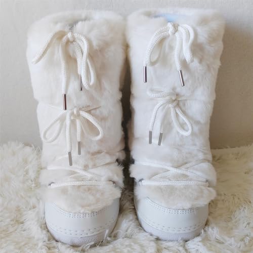 ZHENAIYISHENG Faux Fur Boots for Women - Fuzzy Fluffy Furry Water Resistant Snow Boots for Women - Anti-Slip with Cotton Sponge Lined and TPR Rubber Sole Black White Fur Boots white 8 9
