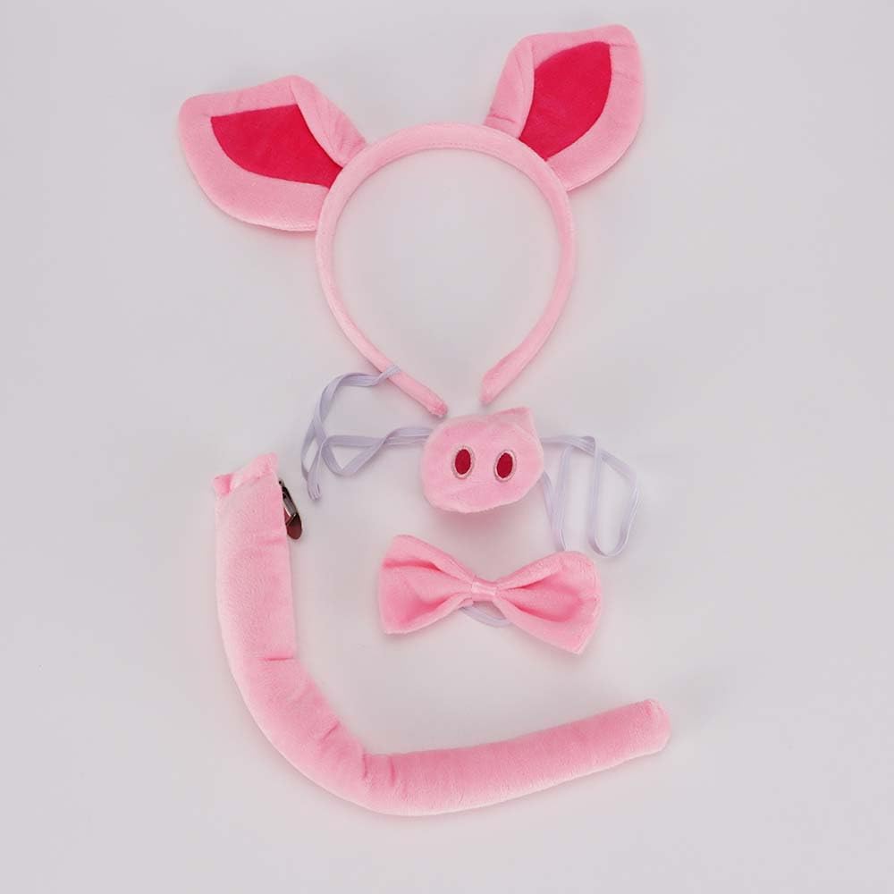 Pig Costume Set Pink Pig Ears Headband Nose Tail and Bow Tie Animal Costume for Halloween Cosplay Carnival Birthday Party，4PCS
