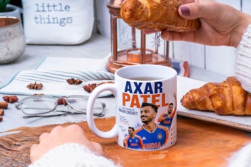 Image of Cricket Theme Coffee Mug IPL Edition - Stylish Helicopter Shot Print Cup - Gift for Cricket Fans, Boys & Friends (Akshar Patel, Large)