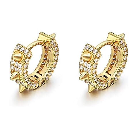 Cool Punk Style Iced Cz 14K Yellow Gold Plated 925 Sterling Silver Small Trendy Spike Thorn Hoop Earrings for Men Women Nickel Free Hypoallergenic Huggie Hoops Earrings Cover