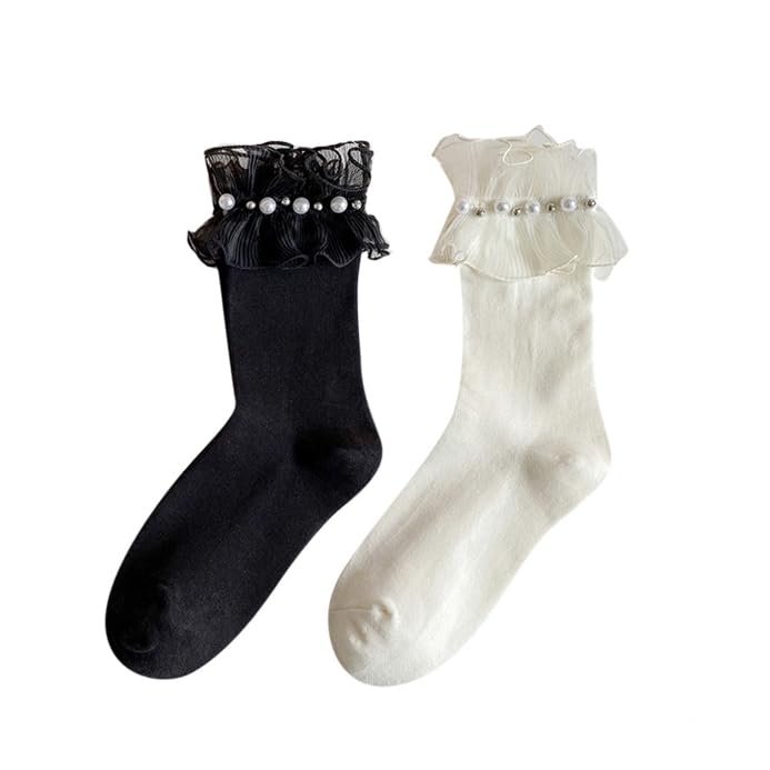 Image of CAT KO 2 Pairs Women Ankle Socks Lace Ruffle Frilly Pearl Soft Cotton Princess Girls socks for Lolita