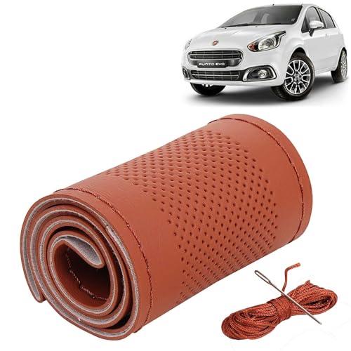 Image of KINGSWAY PU Leatherite Car Steering Cover Sewable Compatible with Fiat Punto Evo (Year 2012-2019), Tan Color with Tan Thread, Pack of 1 with Sewing Needle and Thread