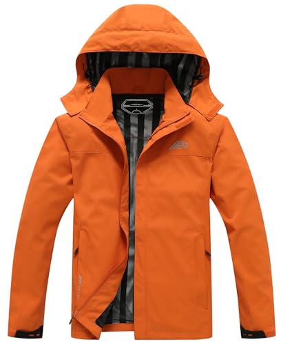 OTU Mens Lightweight Waterproof Hooded Rain Jacket Outdoor Raincoat Shell Jacket for Hiking Travel Orange S