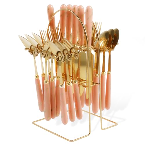 24Pcs Stainless Steel Flatware Set with Hanging Holder, Tableware Silverware Set Service for 6 People, Spoon Knife and Fork Sets, Mirror Polished and Dishwasher Safe for Home Kitchen(Pink)