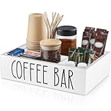ALELION White Coffee Station Organizer with Removable Dividers – Wooden Coffee Bar Countertop Organizer for Pods, Stirrers, Sugar Packets & Lids, Kitchen, Office, Café Use