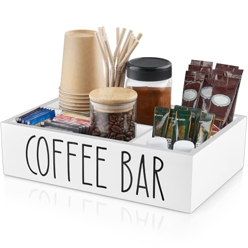 ALELION White Coffee Station Organizer with Removable Dividers – Wooden Coffee Bar Countertop Organizer for Pods, Stirrers, Sugar Packets & Lids, Kitchen, Office, Café Use