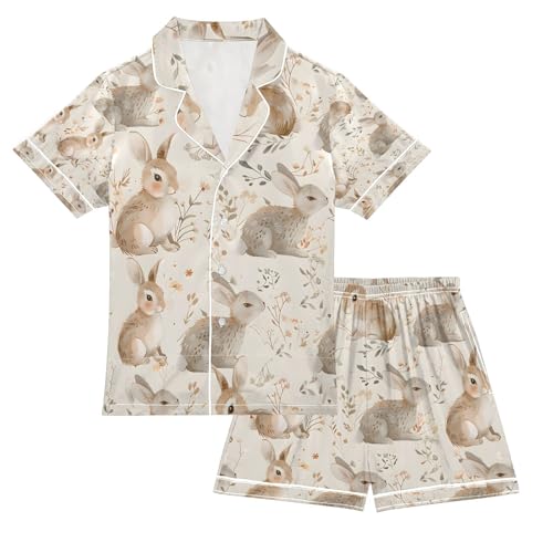 senya Rabbit and Floral Satin Summer Pajama Sets Silk Short Sleeve Button Down Sleepwear