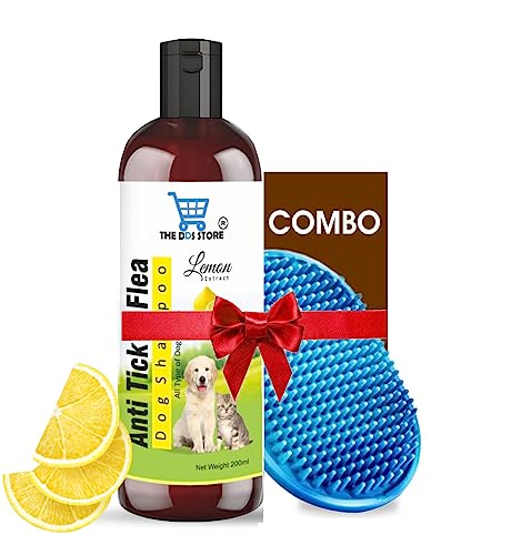 Dog Shampoo & Puppy Shampoo – Naturally Organic Dog Shampoo for Smelly Dogs Grooming Products for Dogs, Deshedding Shampoo for Dogs Pet Shampoo 200 ml (Anti Tick & Flea (Lemon)+Bath Brush)