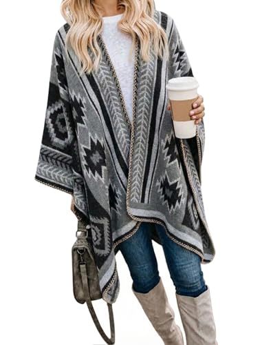 Bestshe Women's Boho Open Front Poncho Knitted Plaid Shawl Wrap Cape Tassel Cardigan Sweater, #14 Gray, One size
