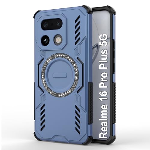 Image of amazon basics Back Case Cover for Realme 16 Pro Plus 5G | Magnetic Case with Built-in Metal Ring | Supports MagSafe Charger, Wallet & Car Mount | Shockproof Hybrid PC + TPU | Blue