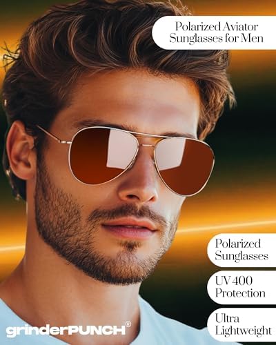 Image of grinderPUNCH Polarized Aviator Sunglasses Men Women 70s Retro Costume UV400 | Polarized UV400 Aviator, 70s Retro Gold Metal Frame, Classic Pilot Style, Costume and Fashion, for Men and Women