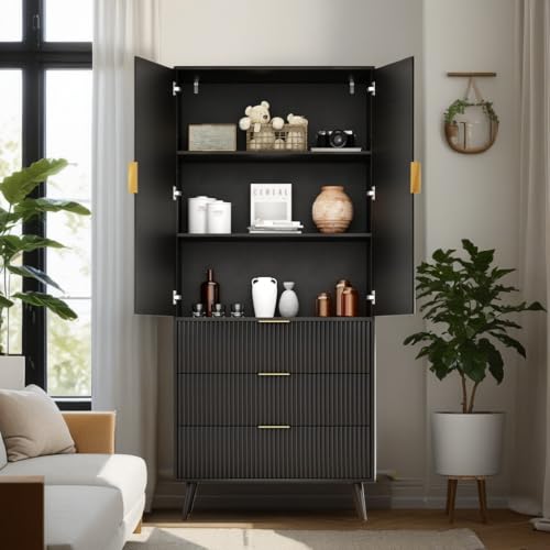 Trygoal Tall Storage Cabinet, Kitchen Pantry Cabinet with Adjustable Shelves & Fluted Panel Design, Wood Cupboard with 3 Drawers 2 Doors, Tall Home Cupboard for Living Room, Kitchen, Black by Trygoal - Used condition - Image 7