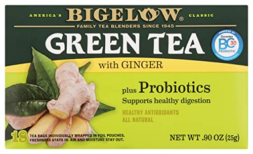 Bigelow Green Tea with Ginger Plus Probiotics, Caffeinated, 18 Count, (Pack of 6), 108 Total Tea Bags