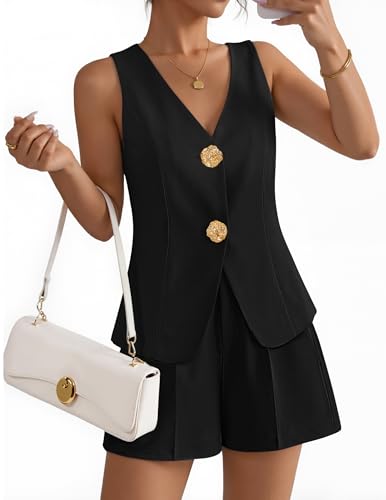 ZESICA Women’s Summer Casual 2 Piece Short Sets 2026 Button Suit Vest Tops Shorts Dressy Business Work Outfits Black Small