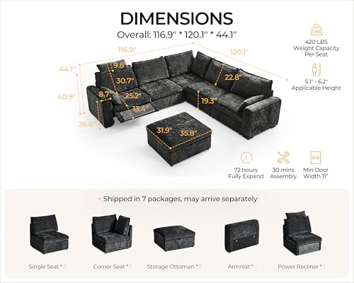 Image of Oversized Modular Sectional Sofa with Power Recliner, Plush Cloud Couch with Headrest, Convertible Deep L-Shaped 6 Seater with Corner and Storage Ottoman, Chenille, Black