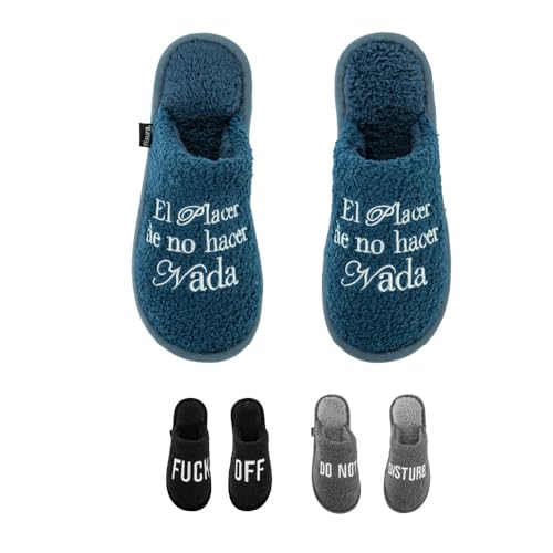 Fisura – Zapatillas hombre originales “el placer de no hacer”. Zapatillas casa hombre borreguillo azul. Pantuflas de invierno cálidas. Regalo original. Talla 41-45.