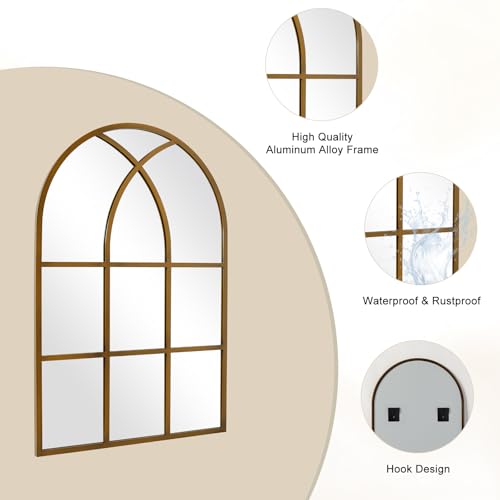 Image of Arched Window pane Wall Mirror 24 inchx36 inch, Window Shaped Farmhouse Style with Aluminum Frame, Decorative Wall Mirror Leaning Hanging for Living Room, Courtyard, Bedroom, Entryway, Bronze