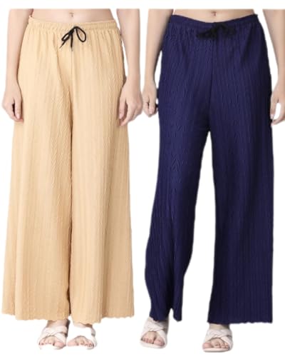 Image of Pack of 2 Women Palazzo Pants | Wide Leg Loose Fit | Combo Pack | Free Size M-3XL | Stretchable Waist | Casual Wear, Office Wear, Home Wear Palazzo