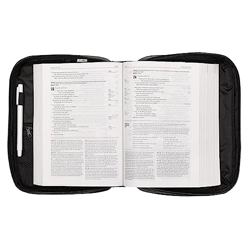 Christian Art Gifts Black Faux Leather Bible Cover For Men And Women | Ichthus Jesus Fish Emblem Zippered Two-Fold Organizer Case For Bible Or Book W/Handle Large #TOP4